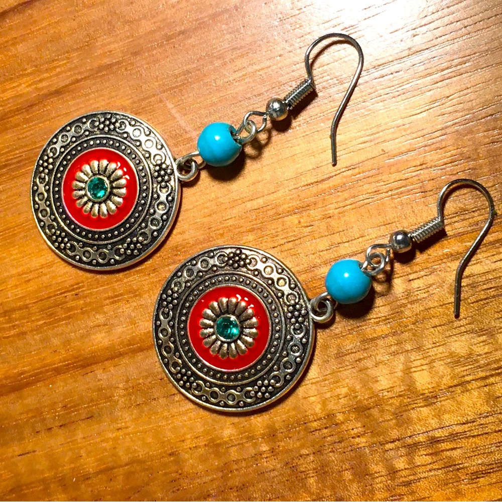 Turquoise and red stone round earrings